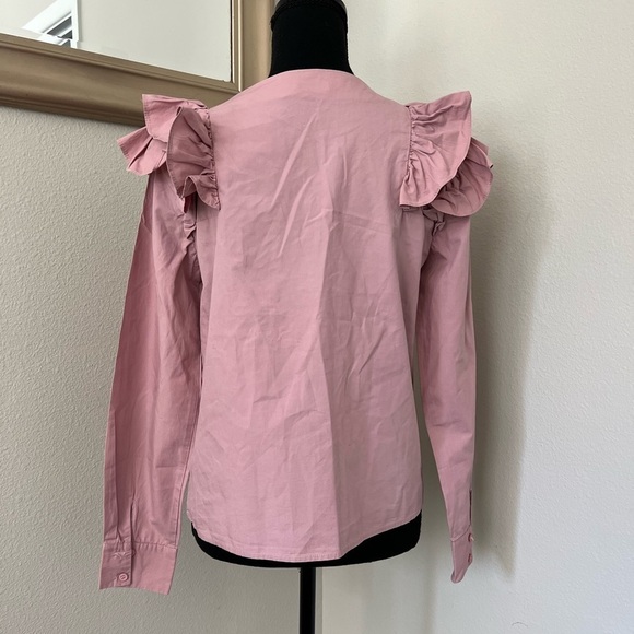 Essue Poplin Ruffle Button Down Shirt Statement Sleeves - Picture 4 of 5